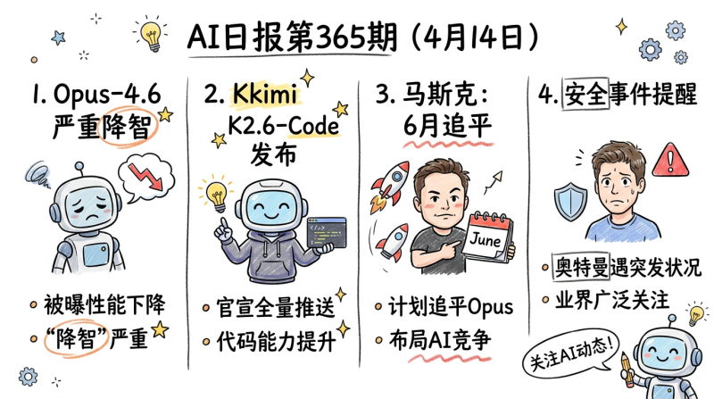 Kimi K2.6 Code官宣将全量推送，实锤Opus4.6降智严重 | 4月14日AI日报第365期-松鼠博客
